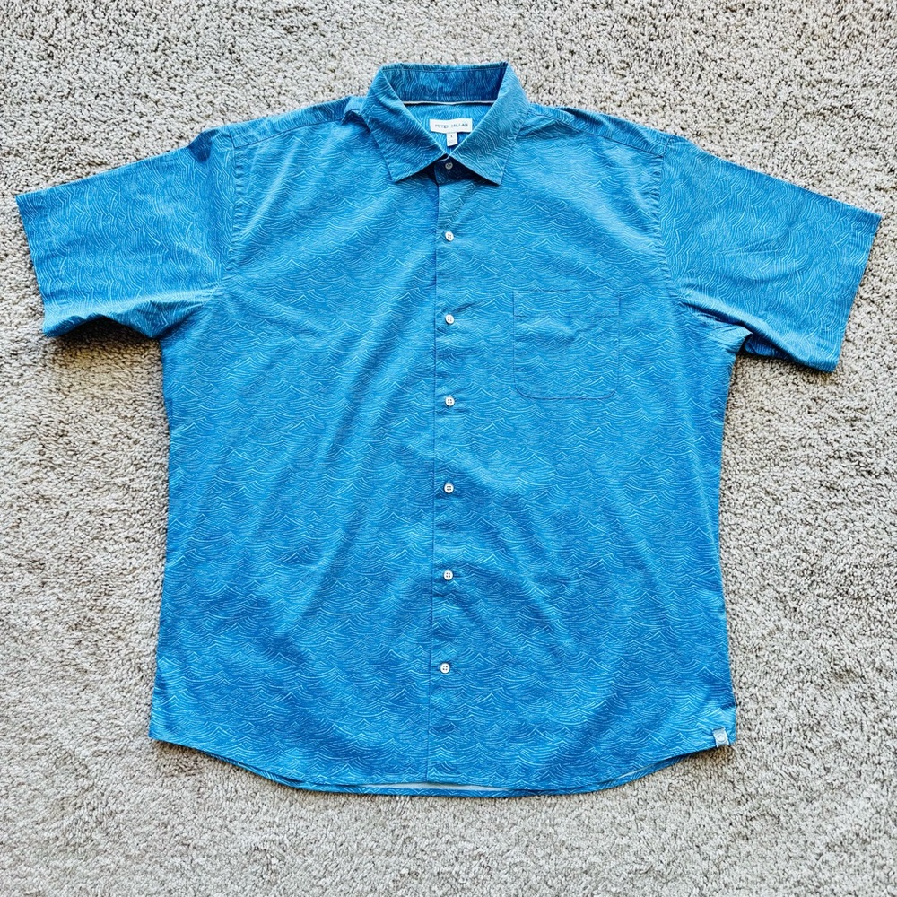 Peter Millar Shirt Mens Large Blue Ocean Waves Short Sleeve Stretch Button Up